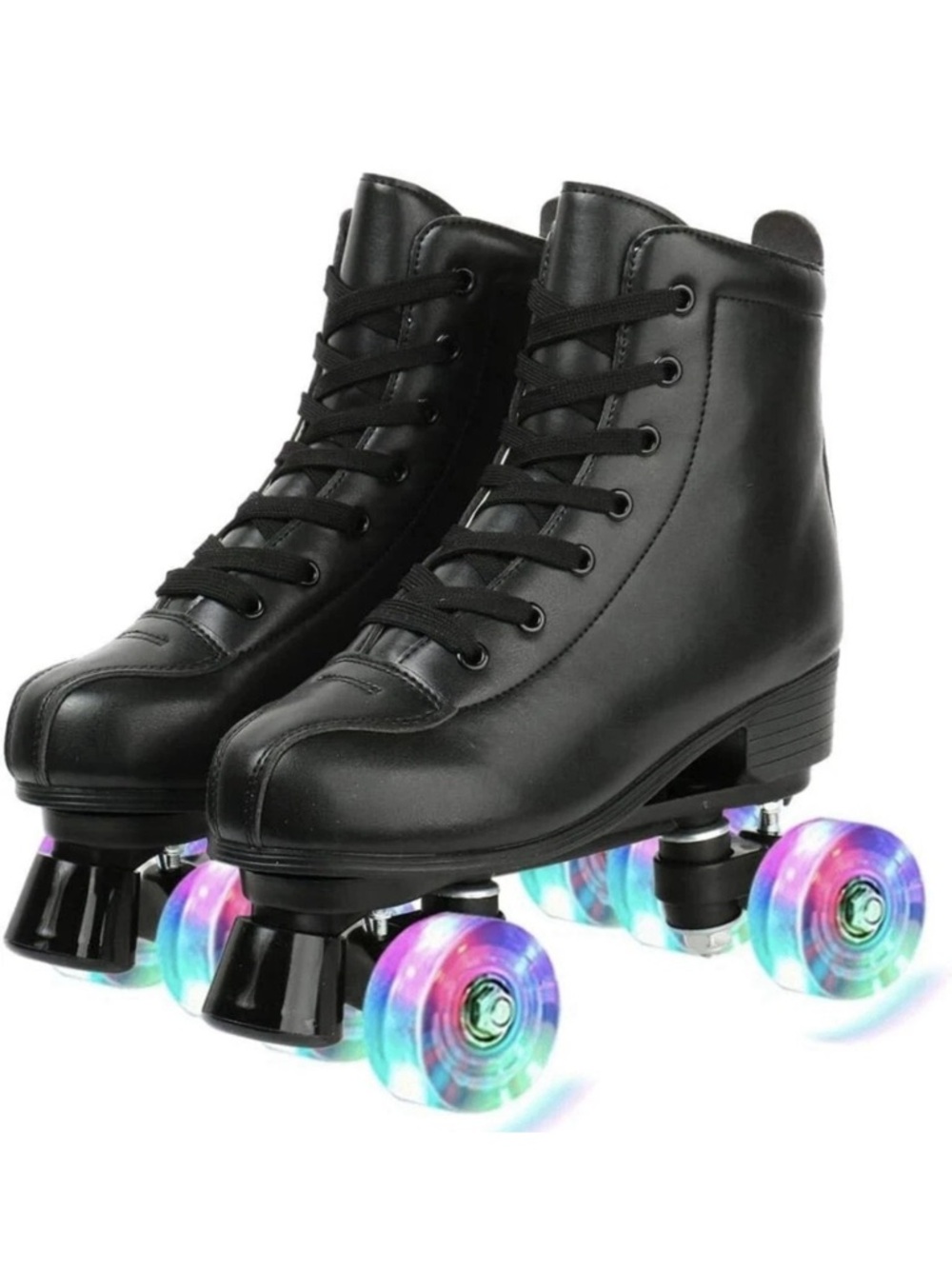 Light Up Roller Skates Women Size 42 PU Leather Double Row Four Wheel Skates Bla